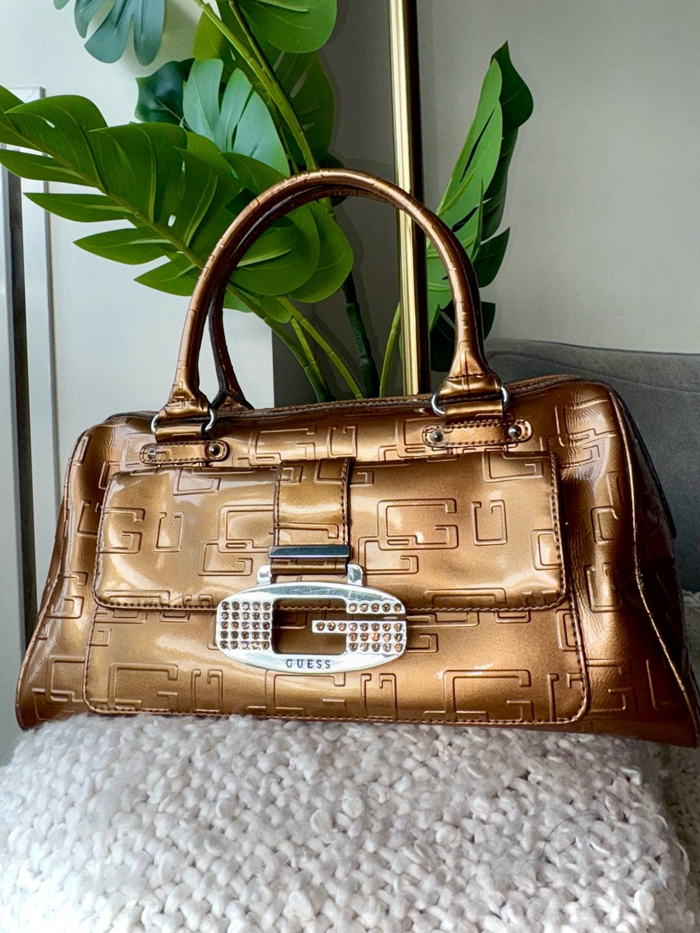Vintage Y2K GUESS Metallic Bronze Embossed G Rhinestone Satchel Bowler Bag